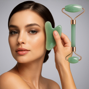 Kit Gua Sha Premium 2 Peças em resina natural para massagem facial, lifting, drenagem linfática e redução de linhas finas.