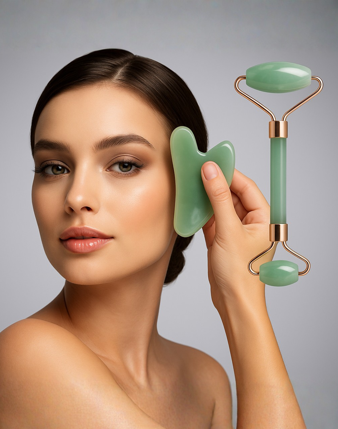 Kit Gua Sha Premium 2 Peças em resina natural para massagem facial, lifting, drenagem linfática e redução de linhas finas.